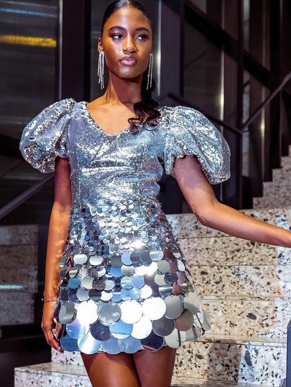 Silver Sequin Puff-Sleeve Mini Dress - Mirrored Party Mini
